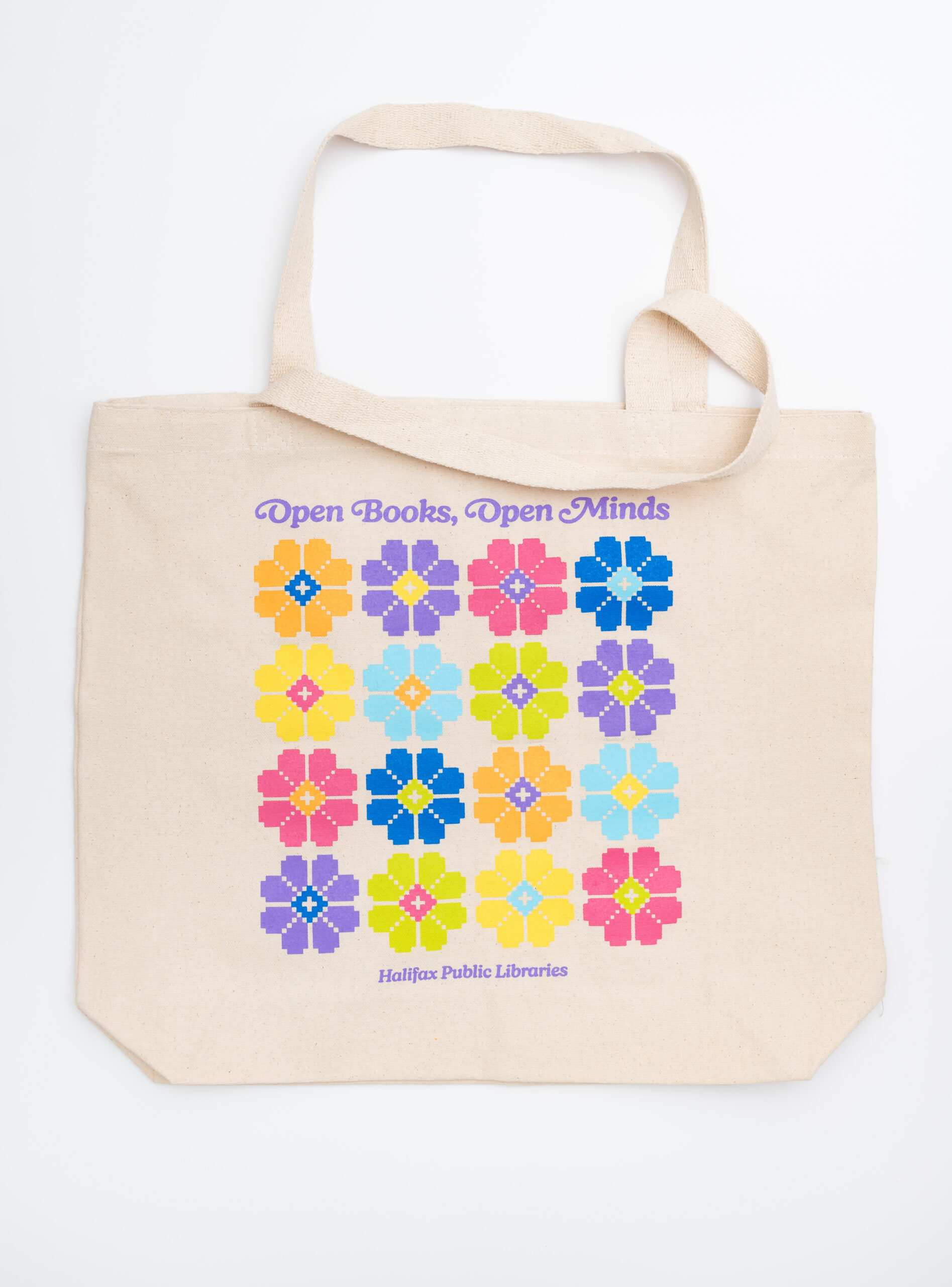 Library Tote - Open Books, Open Minds - floral pixel design