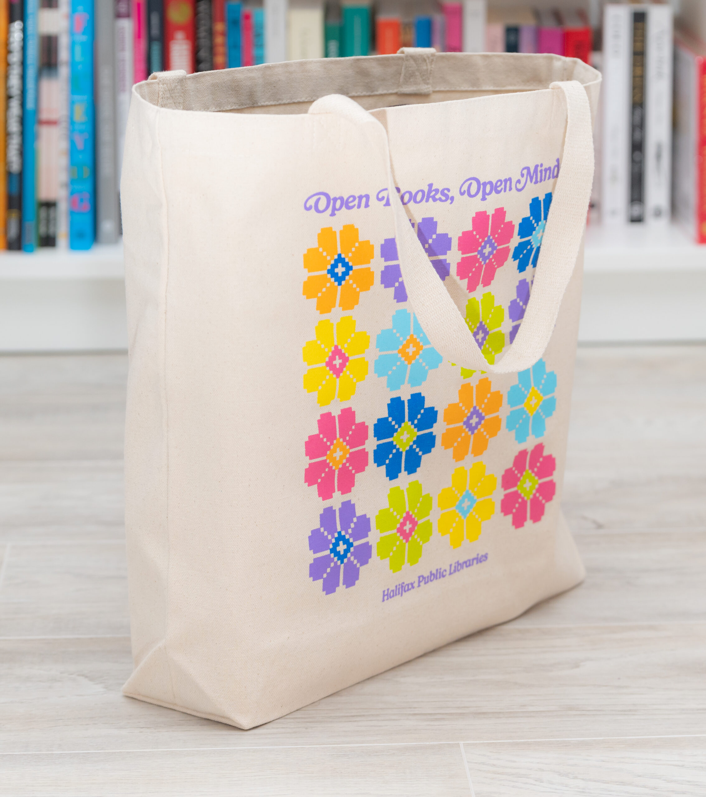Library Tote - Open Books, Open Minds - floral pixel design