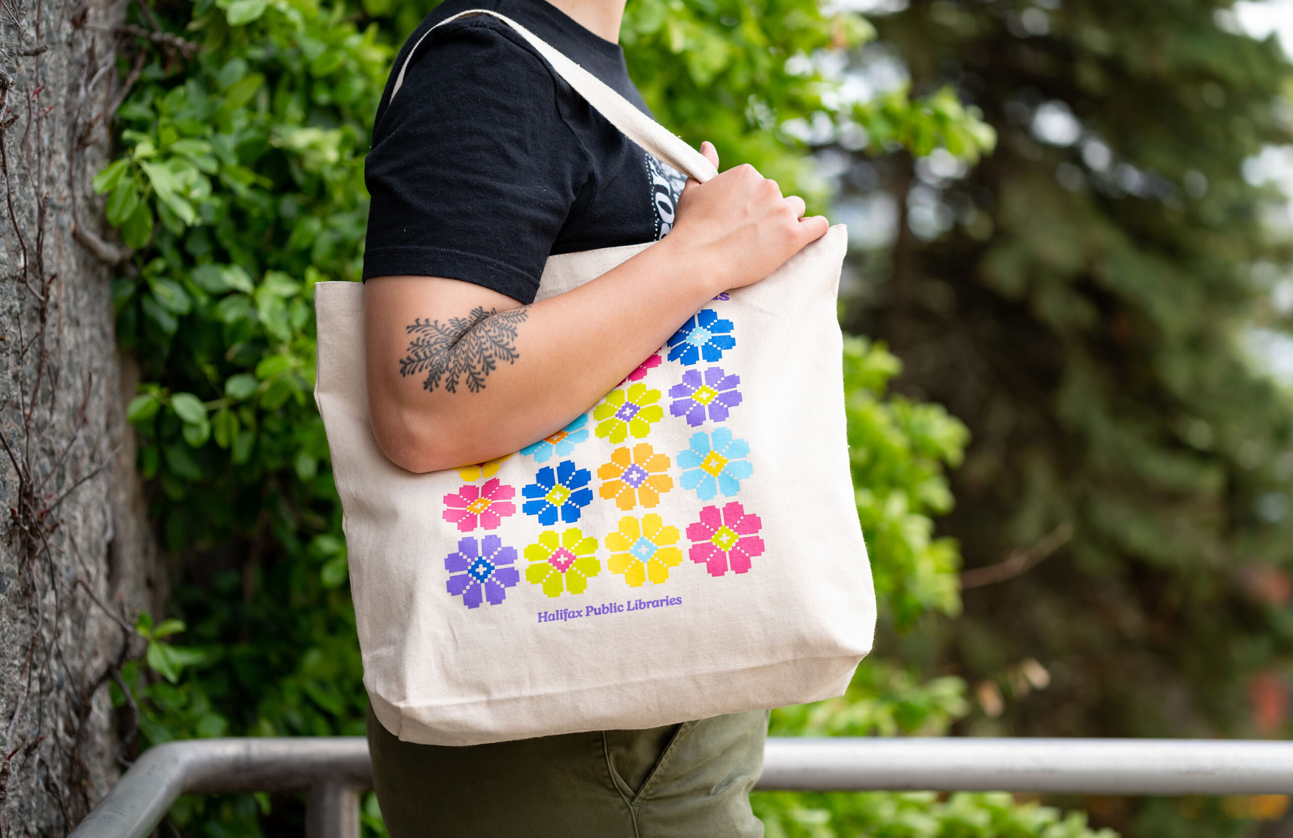 Library Tote - Open Books, Open Minds - floral pixel design